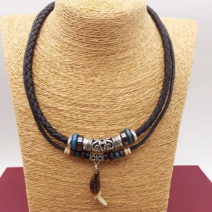 Retro Style Dog Tooth Pendant Necklace Adjustable Brown Leather Cord Necklace for Mens Womens Double Layers Choker