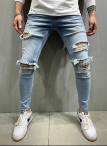 Celana Panjang Jeans Gaya Ripped Bahan Blue Denim