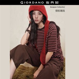 GIORDANO Women T-Shirts Striped Topstitch Paneled Tee Crewneck 1/2 Sleeve Fashionable Casual Loose T-Shirts 18326912