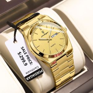 POEDAGAR Casual Watch for Mens Original Luxury Sport Waterproof Luminous Date Week Stainless Steel Male Clock + Box