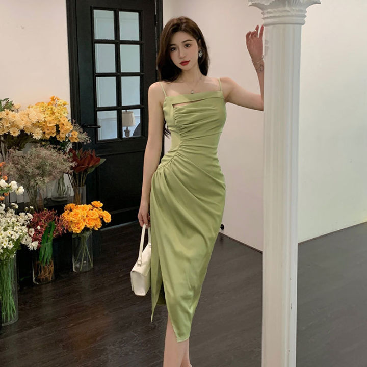 Glary Star New Pure Sexy Bean Green Satin Waist Slim Irregular Tube Top  Suspender Dress Sleeveless High Waist Suspenders Dress Polyester Fiber Midi  Skirt Wrap Dress - Lazada | Lazada PH