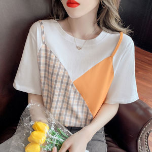 Korean Plaid T-shirt Female 2022 Summer Chill Look Fashion Stitching Short-sleeved T-shirts Top
