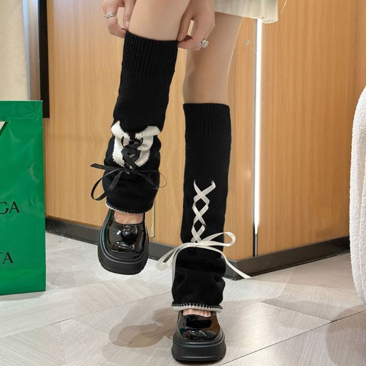 TANGG Harajuku Bow Bandage Leg Warmers Warm Nylon Lace-Up Knitted Leg ...