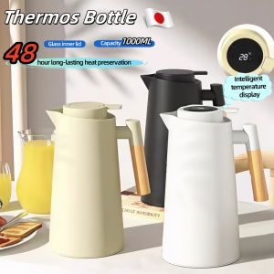 Thermos For Hot Water Thermo Pots Flask Large Capacity Original Long-lasting Thermos Bottle Hot And Cold Intelligent Temperature Display Nordic Thermos Glass liner Thermo Kettle Home Use Wooden Handle High Temperature Resistance Coffee Tea Juice Lemonade
