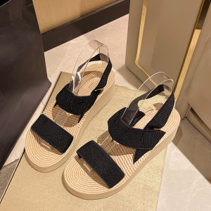 [Free Shipping] Beach-Style Ins Slippers WomenS Summer Outdoor Casual Sandals Thick-Soled Mid-To-High Heel Non-Slip Elastic And Durable Beach Shoes