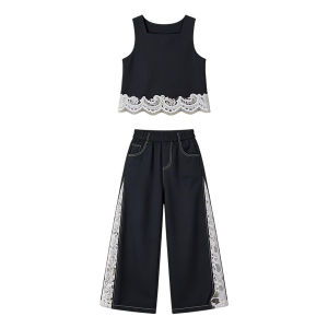 Children New Summer Denim Suit with Lace Girls Fashion Clothing Set Street Sleeveless Outfit Kids Elegant Navy Color Tracksuit