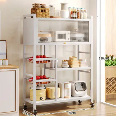 Kitchen Organizer Storage Rack Vegetable Basket With Wheel Dustproof Storage Cabinet Door Microwave Oven Rack