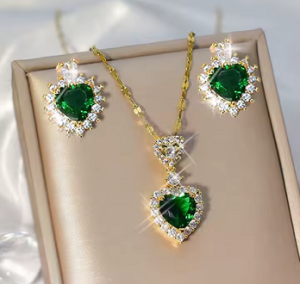 Gold Plated Love Heart Drop Necklace and Ring Earrings Set for Women Zircon Crystal Jewelry Set