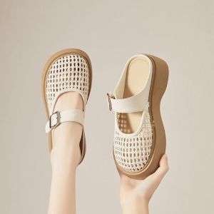Free Shipping Retro Thick-Soled Closed-Toe Half Slippers For Women Spring And Summer New Versatile Height-Increasing Woven Slippers For Petite Women