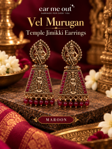 [SG] Vel Murugan Temple Jimikki Earrings | Maroon Accents | Antique Gold Look | Lord Murugan Design | Tamil Heritage Jhumka Earrings | ear me out (EMO-415)
