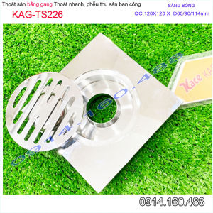 Phễu thoát sàn ban công 12x12 cm Linax KAG-TS226 Inox bóng gương chất liệu gang dày 3mm Ga thoát nước nhà tắm ống D60-90-114 thoát nhanh chống hôi tốt