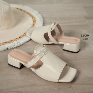 Big Size 36-43 Leather 3.5cm Mid Square Heeled Sandals Casual Leather Comfort Simple All Match Shoes