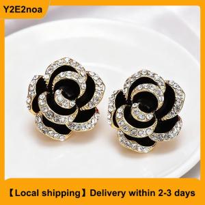 【Local shipping】 Temperament Elegant Black Camellia Pearl Stud Earrings For Women Girls Fashion Zircon Flowers Earrings Jewelry Accessories Gifts