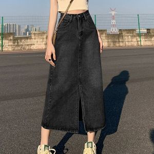 Plus Size Waist 23-42 Korean High Waist Denim Maxi Skirt Retro A-line Long Skirts for Women(No stretchable )