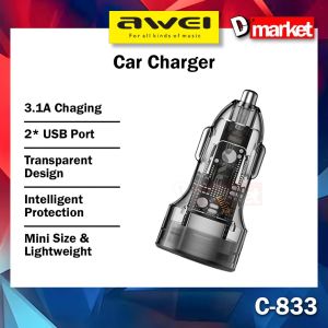 Awei C-833 Smart Car Charger 3.1A Charging Dual Port Pengecas Kereta Awei C833 Car Charger Awei Car Charger