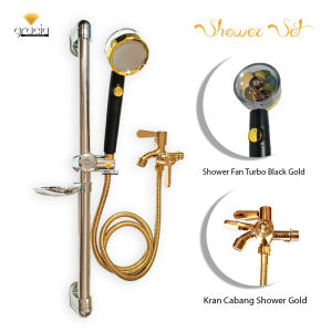 Shower Mandi 1 Set Lengkap Hand Shower Turbo Fan Aliran Deras Dan Halus Dengan Tiang + Kran Cabang Gold Black / Shower head Black Gold