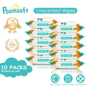 Poomsoft 10Packs x 80 Sheet No Alcohol Unscented Safe For Baby Gentle Wipes Wet Tissue Disposable Cotton Wipes