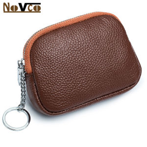 Novco Cow Leather Coin Purse for Women Zip Change Slim Wallet Pouch Card Holder with Key Ring Casual Key Holder Small Money Bag Slim Wallet for Women Soft Cow Leather Womens Coin Purse