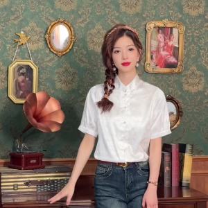 AMMIN เสื้อเบลาส์หรูหราสำหรับเสื้อชีฟองหญิงจีนโบราณคอตั้งเรียบง่ายแขนสั้นฤดูร้อน2024