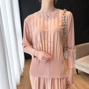 ▥❉♈ 6261 One Size Autumn And Spring Style Pleated Large Size Slim Waist Casual Long-Sleeved Top Cropped Pants Suit