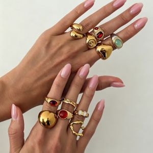 CHUAN 11Pcs/Set  loại bóng Nhẫn có thể xếp chồng lên nhau Trang trí bằng đá quý màu sắc Màu vàng  Nhẫn hình trái tim Phong cách Ins Bề  nhẵn Trang sức đeo ngón tay Trang phục hàng ngày