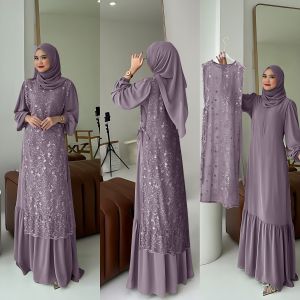 Dress Sintia dress inner + outer brukat tile premium oneset dress kondangan gamis muslim wanita mewah pesta Bordir Maxi Mutiara Panjang Tebal