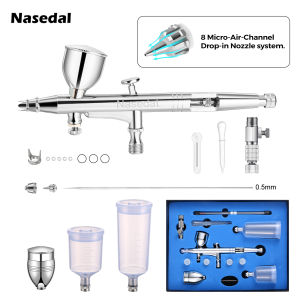 Nasedal Airbrush Kit Udpated Drop in Nozzle Air Brush Dual-Action 5cc 13cc 20cc 40cc Fluid Cup 0.3mm 0.5 mm Needle Makeup Nail Art Painting Model Coloring Cake Decor NT-268