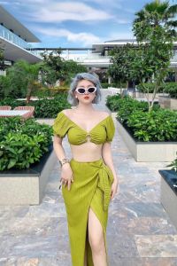 Đồ bơi nữ Bikini Set 3 món áo tay bồng trễ vai phối khoen quần chan váy dài  cực xinhchất vải xốp Bin Sports BHV170