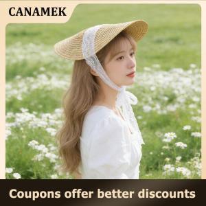 【 CANAMEK 】 French Style Lolita Straw Hat Victorian Bonnet Sweet Lace-up Beach Hat Hair Accessories Handmade Flat Top Hat