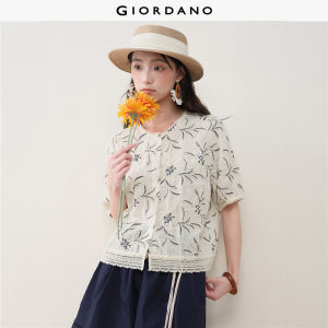 Giordano Women Raised cord embroidery short sleeve shirt Free Shipping 18346509
