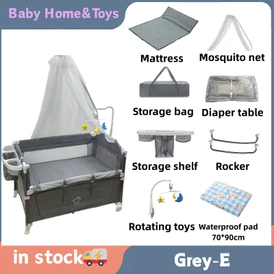 Baby crib Portable baby crib 2-layer rocking bed mosquito net Baby crib with mattress Comes with diaper table Travel bed