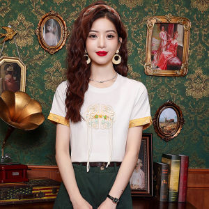 Ammin 2024 mùa hè đơn giản cổ tròn thời trang màu tương phản tay ngắn Cotton Áo Thun Nữ Tua Rua hoài cổ khóa đĩa thiết kế cổ điển thêu hoa Áo Blouse thanh lịch