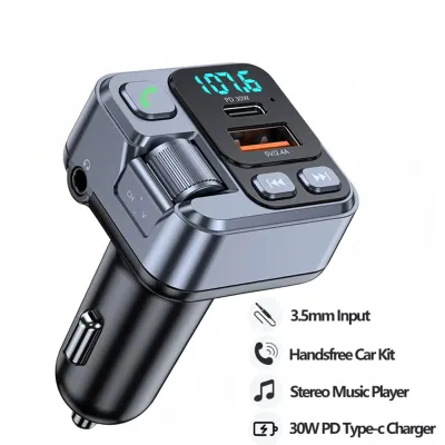 KEBETEME Bluetooth 5.1 Car FM Transmitter Car MP3 Stereo Music Player Handsfree 3.5mm Aux Wireless Car Kit 30W PD USB-C Fast Charger