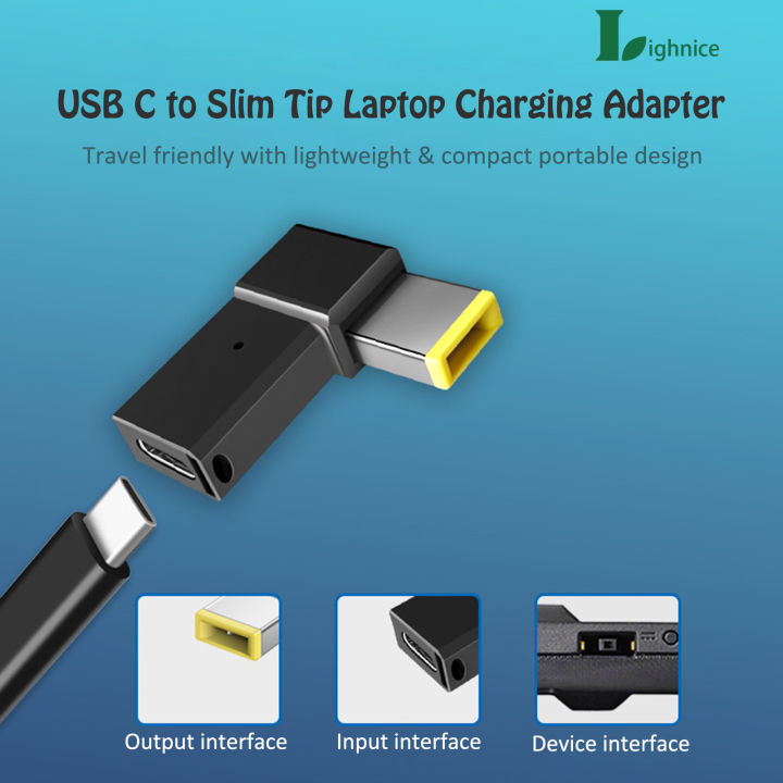 [Lightnice] USB-C to Slim Tip Laptop Charging Adapter Female Type C to  Right Angle DC Square Jack Plug Converter PD Power Charger Connector for  Yoga