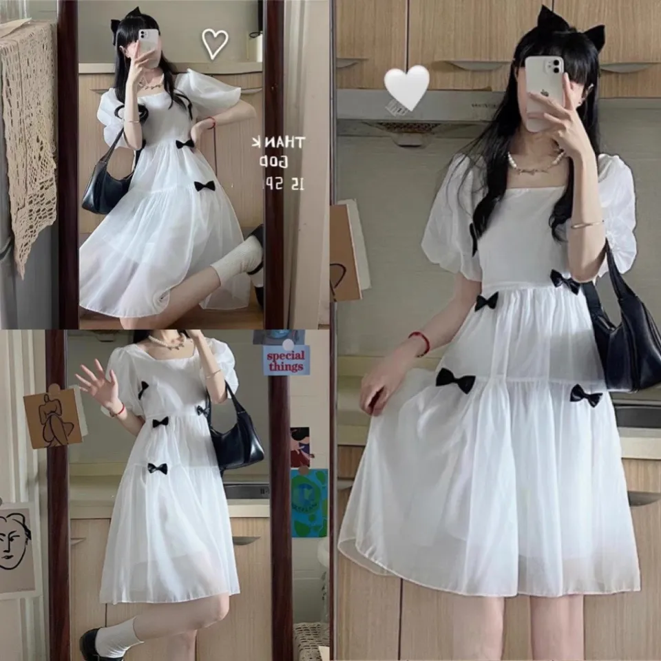 Đầm babydoll gắn nơ cổ tim thời trang Hàn Quốc.Váy trắng xòe Vintage tiểu  thư tinh khôi. Đầm Form rộng tay bồng bánh bèo dễ thương. Váy trắng nữ. Đầm  xòe xinh