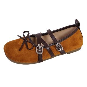 Free Shipping Retro-Style Double-Buckle Bow-Tie Shallow-Toe Flats For Women 2026 New Collection Versatile Ballet Flats