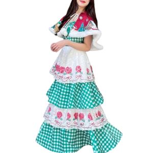 P019-022 PIMNADACLOSET - Hooded Cape And  Adjustable Spaghetti Strape Crepe Satin Tartan Tiered Dress Set