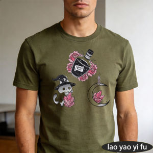 [Local Stock] HBESTY  Wicked Magic Witch Cat Crystal Moon Floral Graphic Men Summer Cotton T Shirt Dark Fantasy Witchy Short Sleeve Daily Top