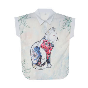 REHIN Womens top Summer new cartoon print short-sleeved shirt loose lapel elegant blouse