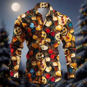 ZEEMIN Christmas Shirts For Men Christmas Gingerbread Print Casual Mens Shirt Long Sleeve Festival Party Women Clothing Oversized Tops