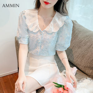 AMMIN เสื้อผู้หญิงทรงปกแขนสั้นเสื้อชีฟองปักลายดอกไม้ลายดอกไม้แหวกแนวเสื้อผู้หญิงฉบับภาษาเกาหลีแขนพองหวานสำหรับฤดูร้อน