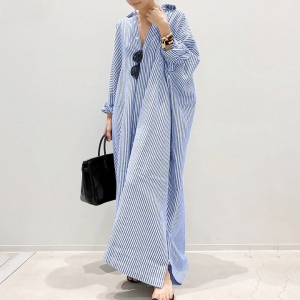 【Cat walk】Women Fashion Casual Long Sleeve Stripe Blouse Button Down Split Hem Long Shirt Dress Korean Style Women Long Sleeve Button Down Stripe Casual Maxi Shirt Dresses Kemeja Perempuan