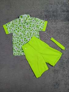 Setelan seragam batik hijau sekolah paud nasional lengan pendek anak laki-laki