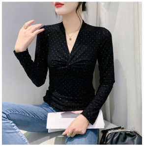 Yimei Áo lót màu đen thắt nút thời trang áo Áo dáng ôm cổ chữ V Hàn Quốc Áo Thun đẹp tỏa sáng kim cương nổi bật