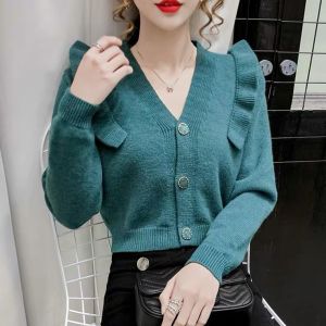 เสื้อนอกถักสั้นแต่งระบายสำหรับผู้หญิงเสื้อแขนยาวคอวีเสื้อกันหนาวคาร์ดิแกนหลวมใหม่ฤดูใบไม้ร่วงฤดูหนาว