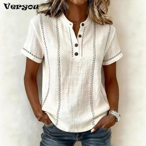 Elegant Women Blouse Shirt V Neck Button Patchwork Short Sleeve Shirts For Women Summer Striped Loose Tee Women Casual T-shirts2026