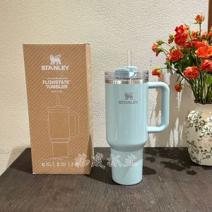 original stanley Insulated cup in pearlescent blue and pearlescent pink with straw