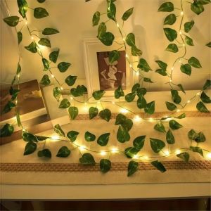 10M/100 LED Imitation Leaf String Light Battery Powered Green Leaf Willow Curtain Lamp Street Garland Waterproof Artificial Leaf Lights Christmas Decoration