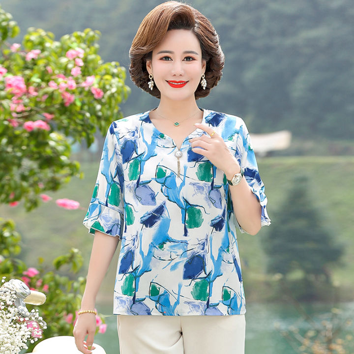 BTB.WO middle aged woman blouse casual Short sleeve shirt clothes