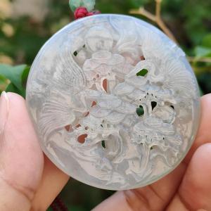 Highly Translucent Icy Natural Type A Jadeite Pendant Carved with Cranes Pine Trees and Bamboo meaning Endurance Perseverance and Never fading with Longevity certificate included weighs 28.38 grams 52.5 * 52.5 * 6.1 mm for collection (pendant90)